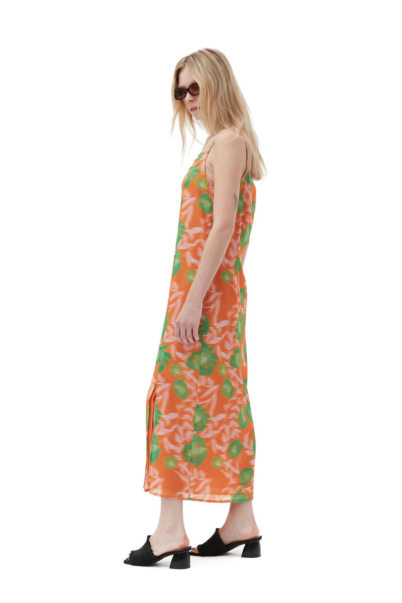 Printed Light Crepe Slip Dress, Recycled Polyester, in colour Vibrant Orange - 7 - GANNI