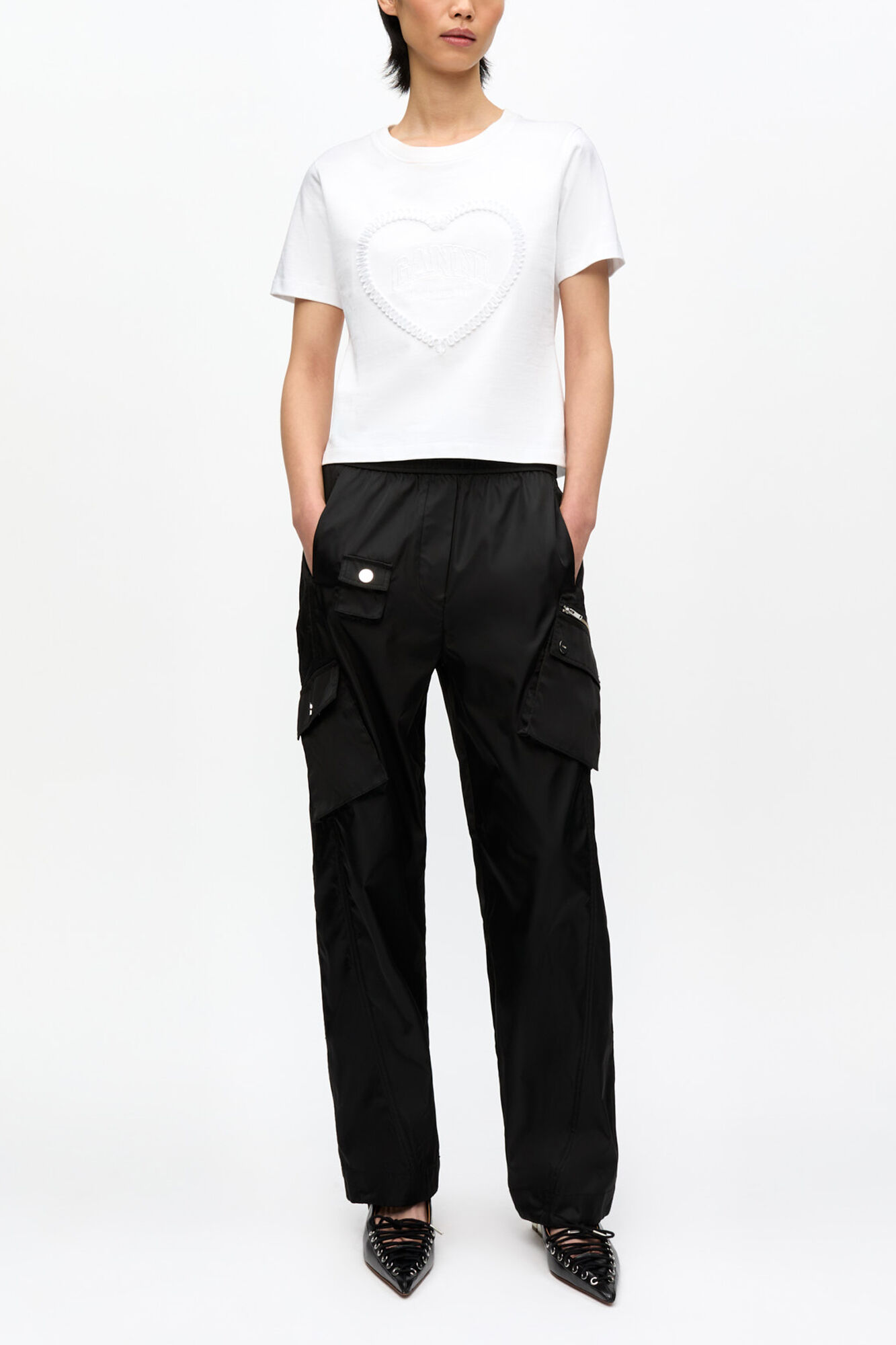 White Cropped Heart T-shirt, Organic Cotton, in colour Bright White - 2 - GANNI