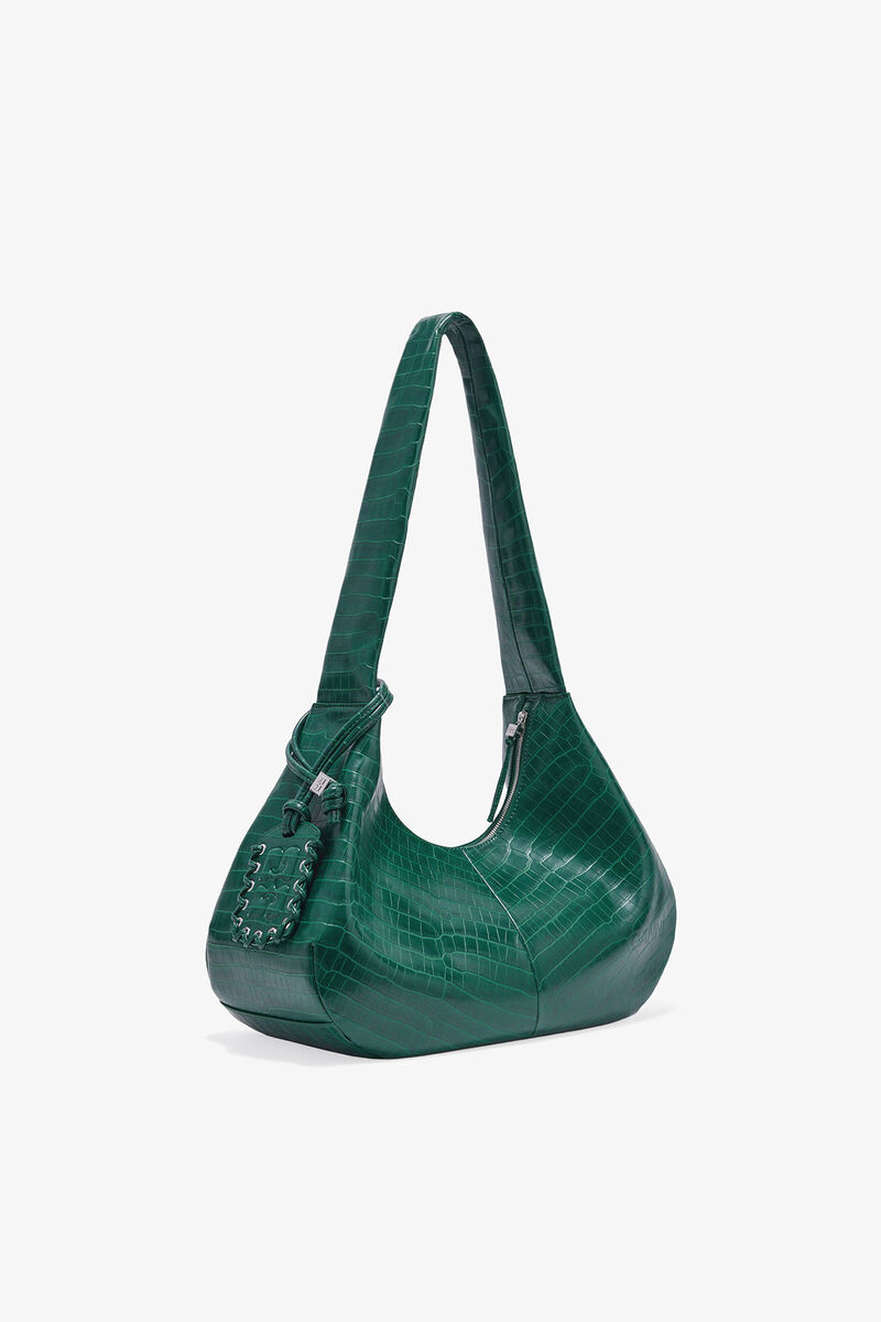 Green Croco Medium Hobo Bag, Recycled Leather, in colour Pineneedle - 2 - GANNI