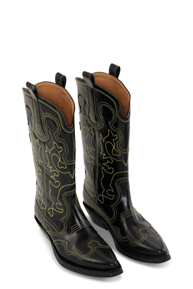Black/Yellow Mid Shaft Embroidered Western Boots, Calf Leather, in colour Black - 3 - GANNI
