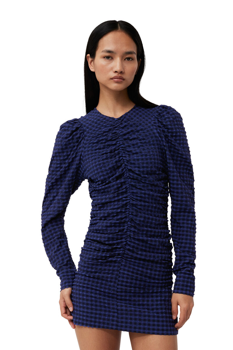 Blue Checkered Seersucker O-Neck Mini Kleid, Elastane, in colour Deep Cobalt - 2 - GANNI