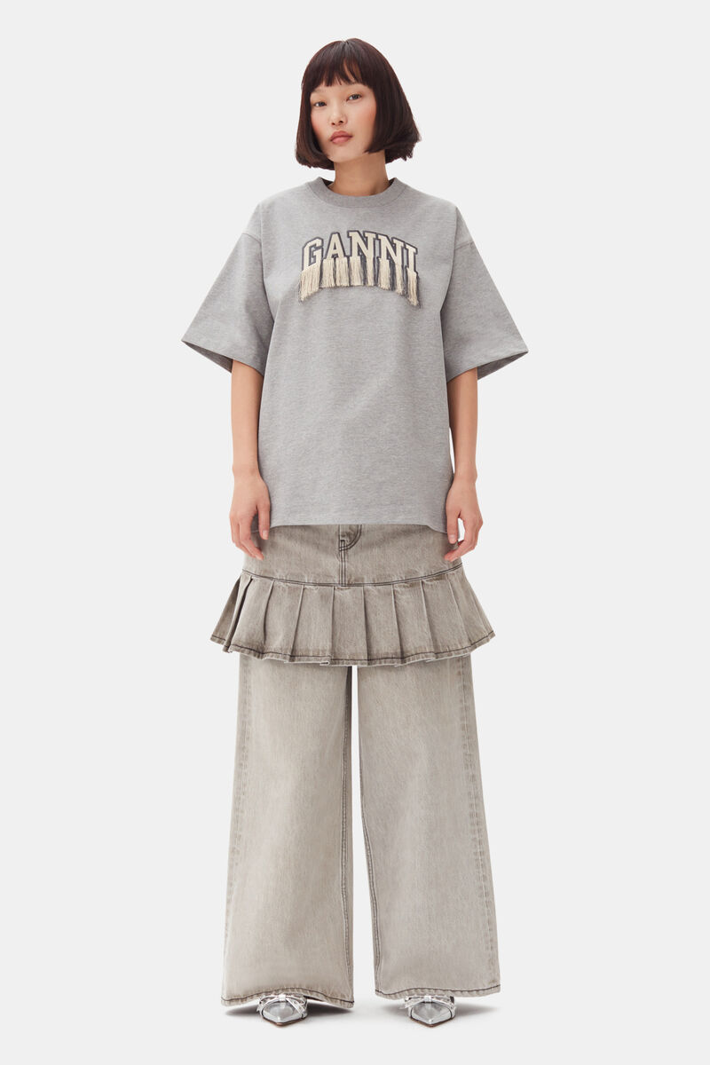 Grey Heavy Cotton Drop Shoulder Fringe T-shirt, Cotton, in colour Paloma Melange - 2 - GANNI
