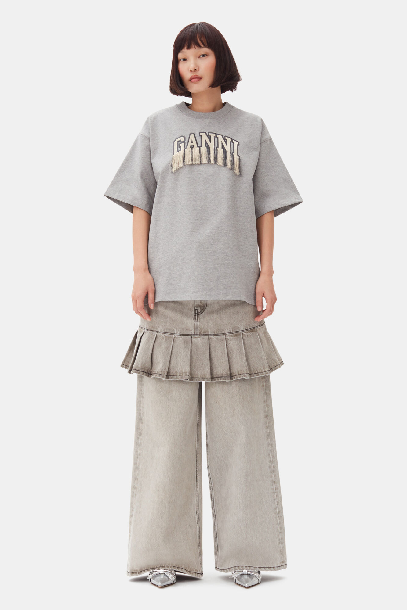Grey Heavy Cotton Drop Shoulder Fringe T-shirt, Cotton, in colour Paloma Melange - 2 - GANNI