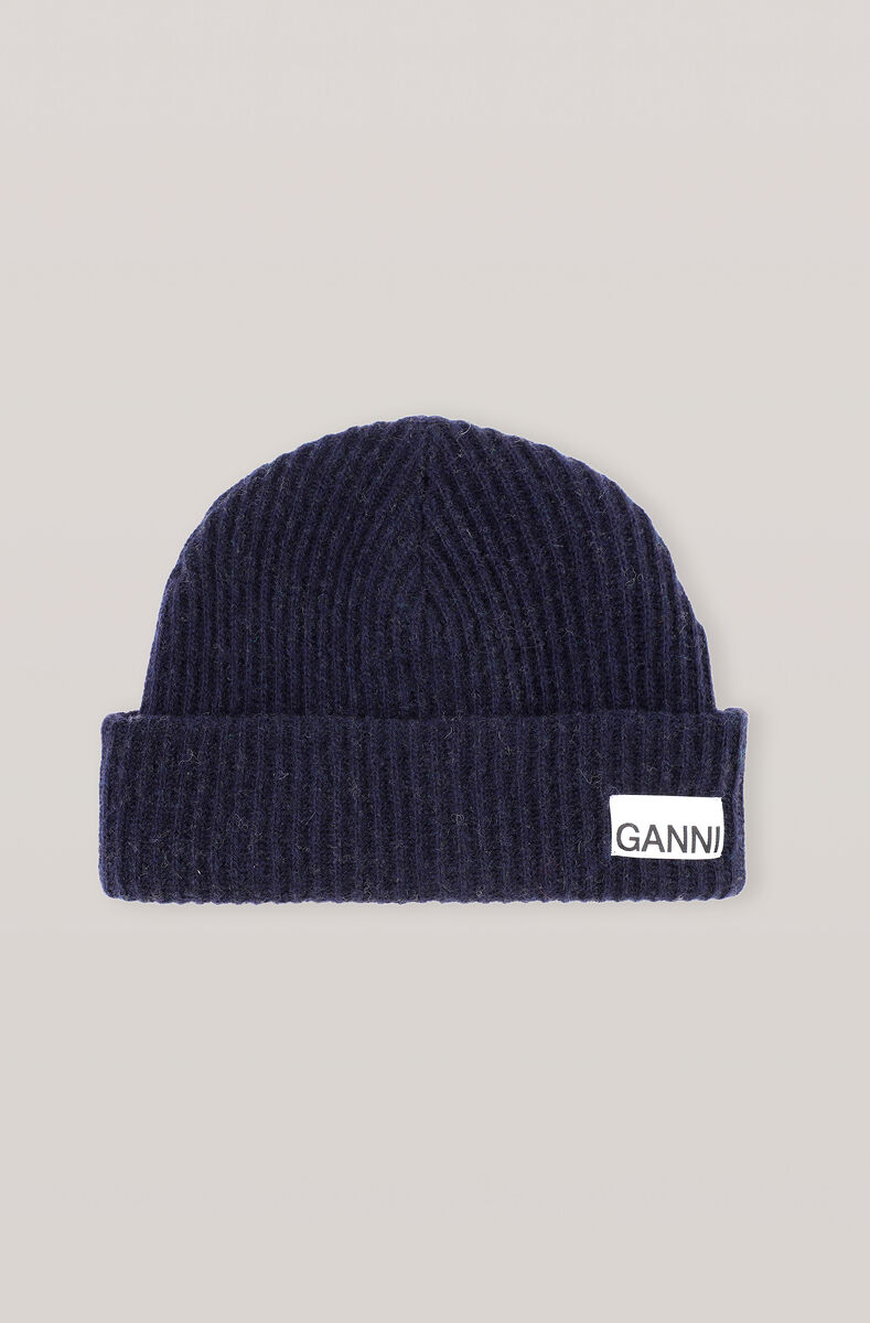 Recycled Wool Knit Hat, Wool, in colour Sky Captain - 1 - GANNI