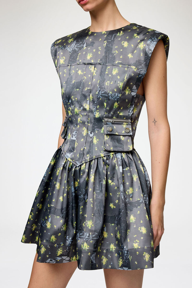 Dress in Printed Satin, Recycled Polyester, in colour Black Sand - 3 - GANNI