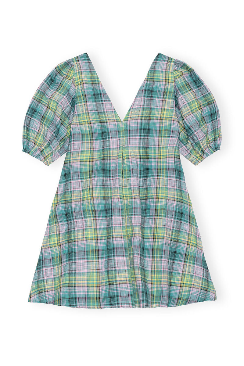 Seersucker Check V-Neck Mini Dress, Organic Cotton, in colour Lagoon - 2 - GANNI