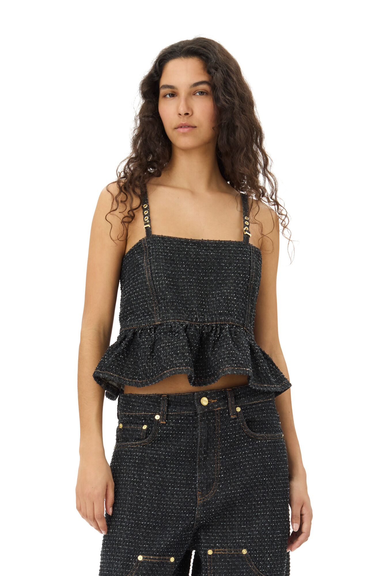Black Textured Top, Cotton, in colour Black - 1 - GANNI