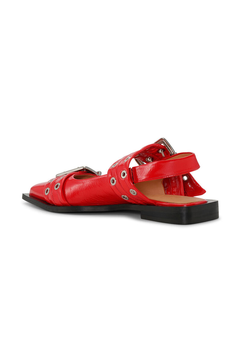 Red Wide Welt Buckle Ballerinas, Calf Leather, in colour Racing Red - 2 - GANNI