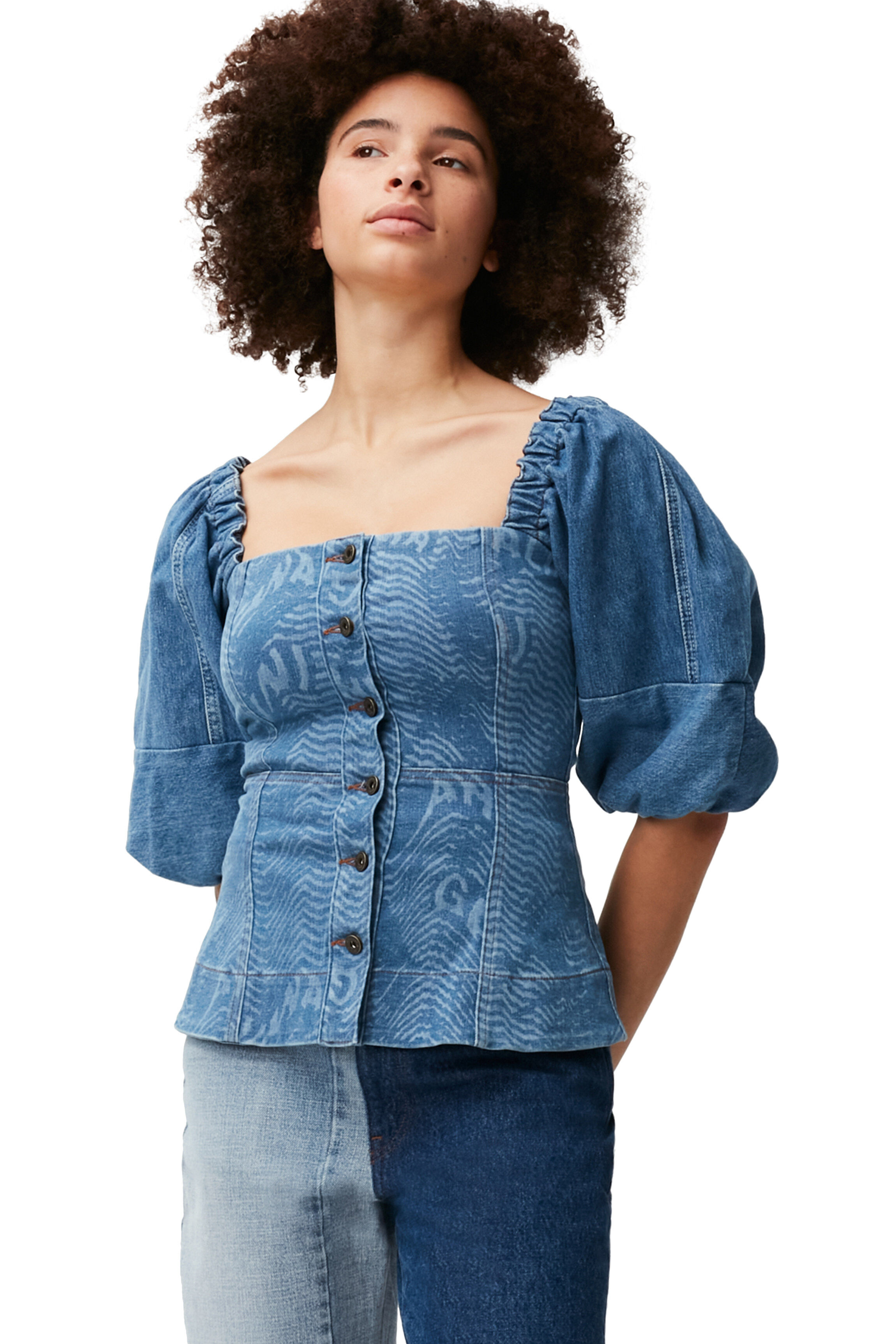Light Denim Laser Stretch Denim Printed 