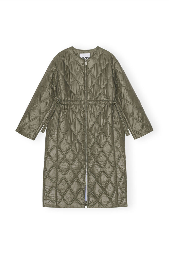 Green Shiny Quilt Long Coat, Kalamata