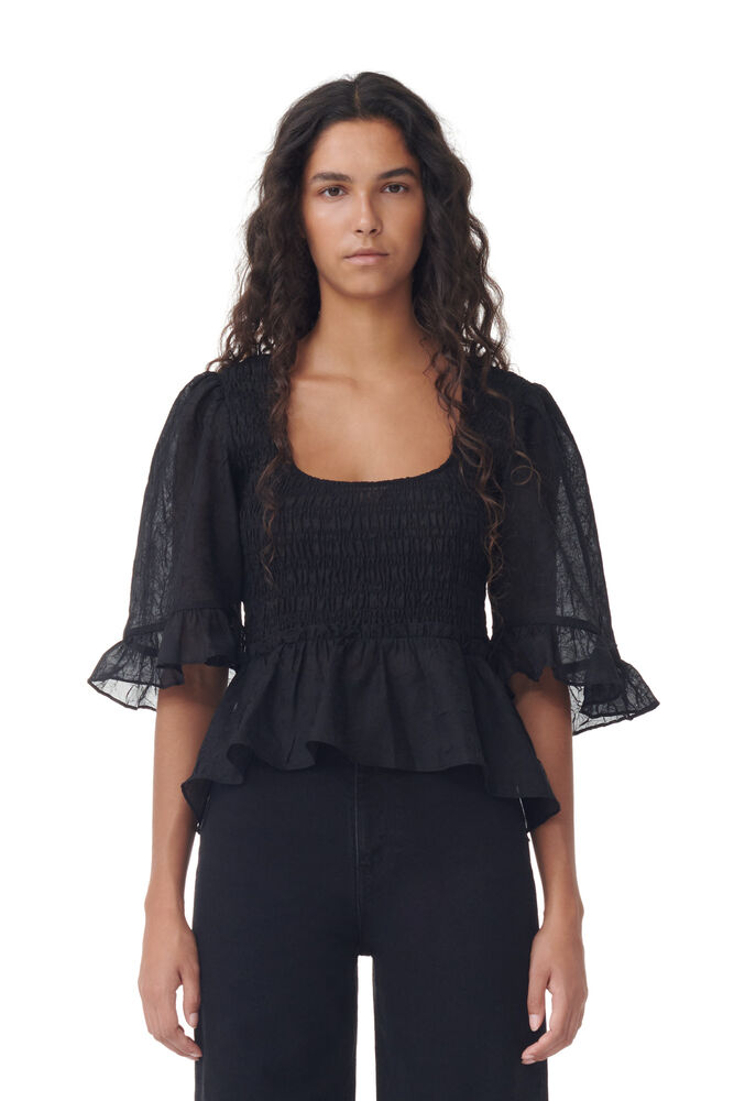 Black Crinkled Georgette Smock Blouse, Black