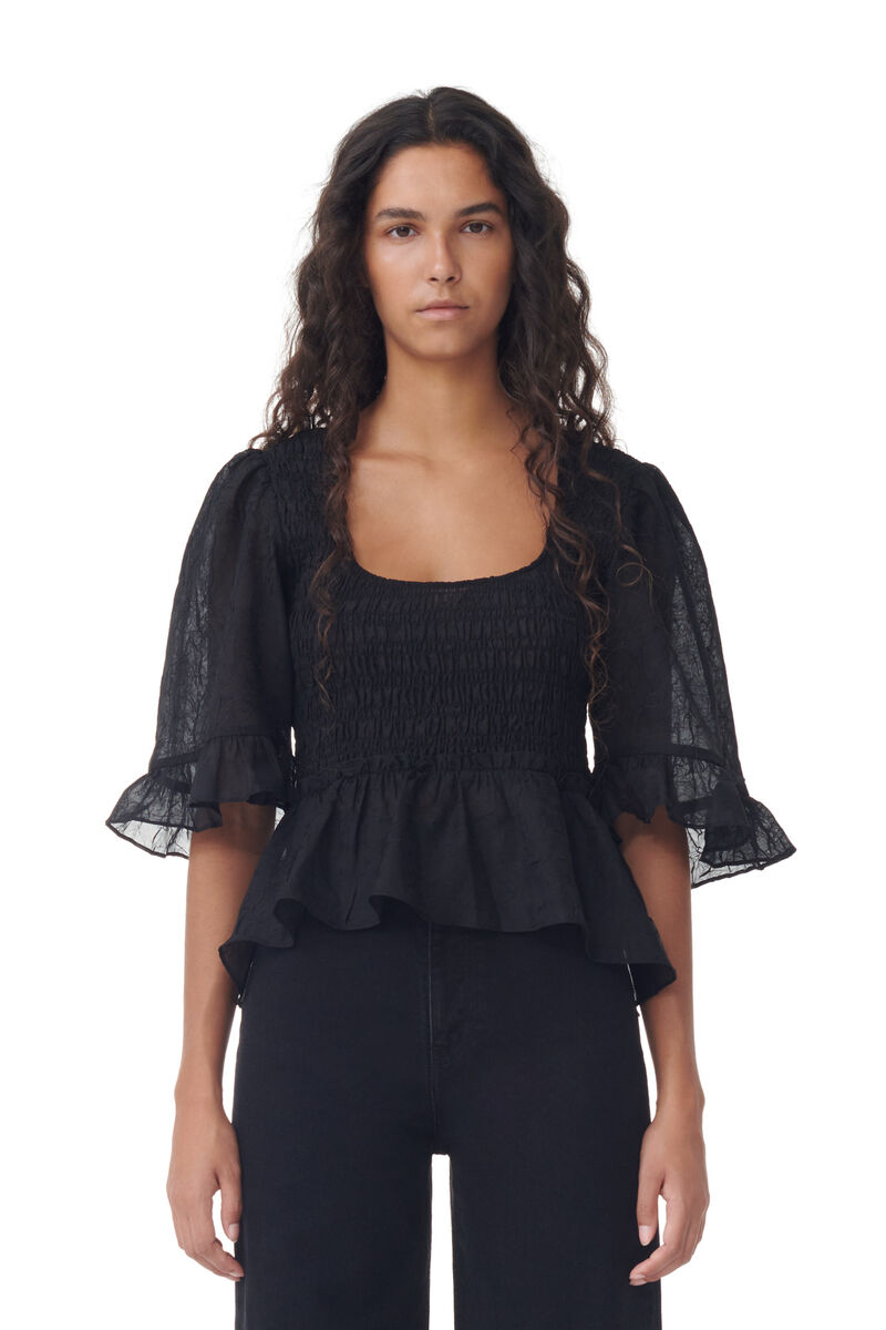 Blouse Black Crinkled Georgette Smock, Recycled Polyester, in colour Black - 1 - GANNI