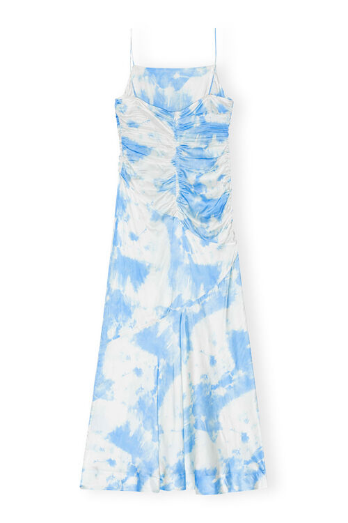 Blue Printed Satin Ruched Long Slip Kleid, in colour Powder Blue - 2 - GANNI