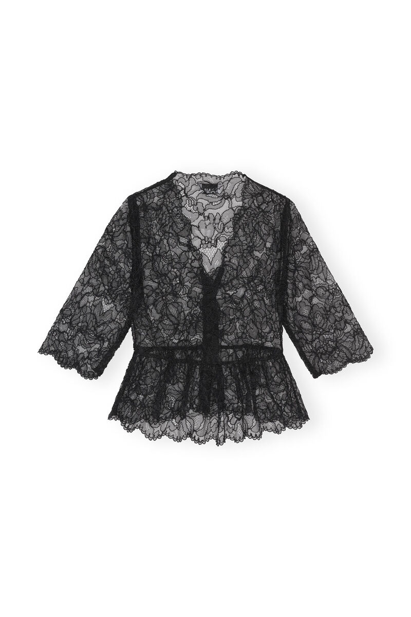 „Black Light Lace V-neck“-Bluse, Organic Cotton, in colour Black - 2 - GANNI