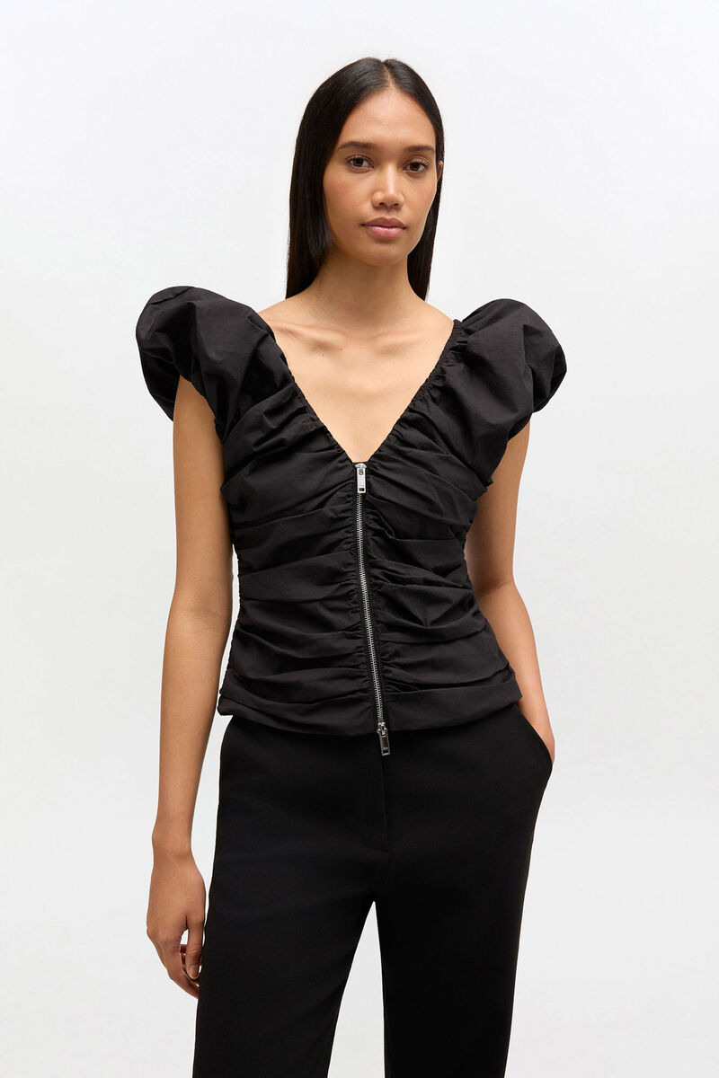 Black Ruched Top, Organic Cotton, in colour Black - 1 - GANNI