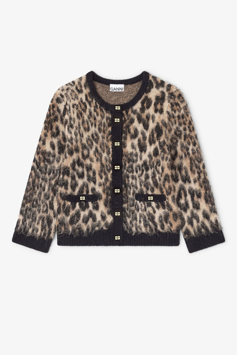 Leopard V-neck Cardigan, in colour Leopard - 1 - GANNI
