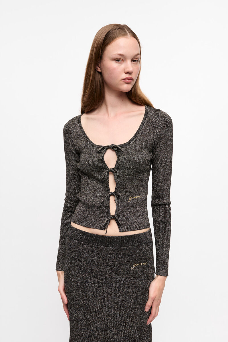 Black and Gold Sparkle Tie String Cardigan, Elastane, in colour Multicolour - 1 - GANNI