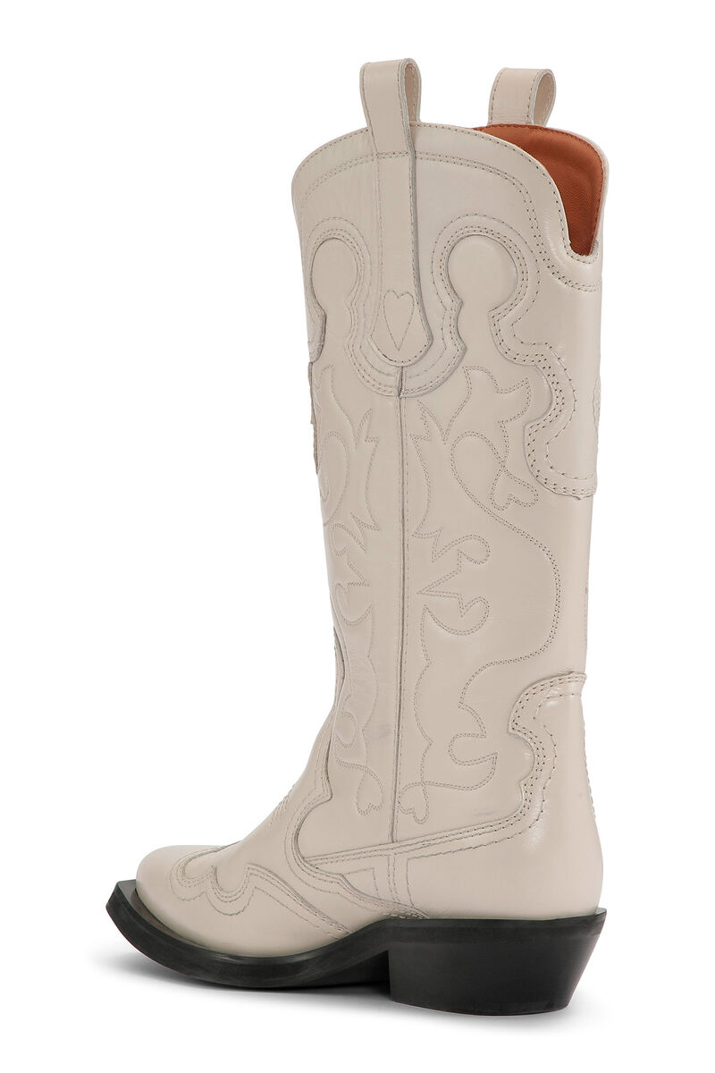 White Mid Shaft Embroidered Western Boots, Calf Leather, in colour Egret - 2 - GANNI