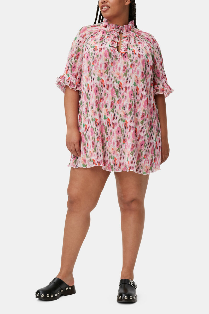 Pleated Georgette Ruffle Mini Dress, Recycled Polyester, in colour Sugar Plum - 1 - GANNI