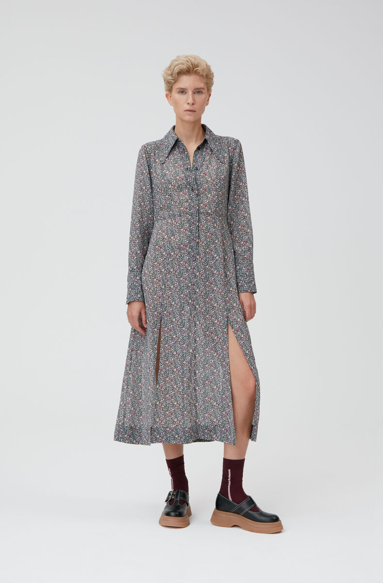 Printed Light Crepe Long Collar Half Placket Fitted Shirt Dress, Polyester, in colour Moonlight Mauve - 1 - GANNI