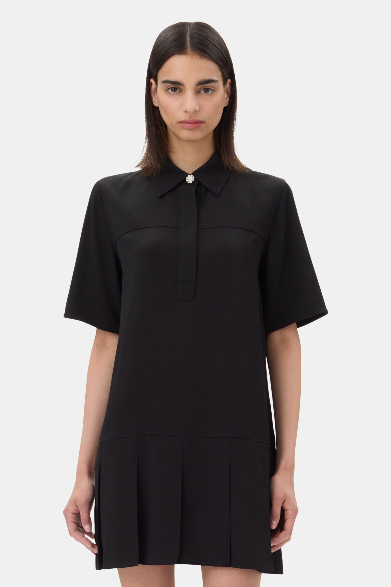 Black Viscose Twill Mini Dress, LENZING™ ECOVERO™, in colour Black - 2 - GANNI