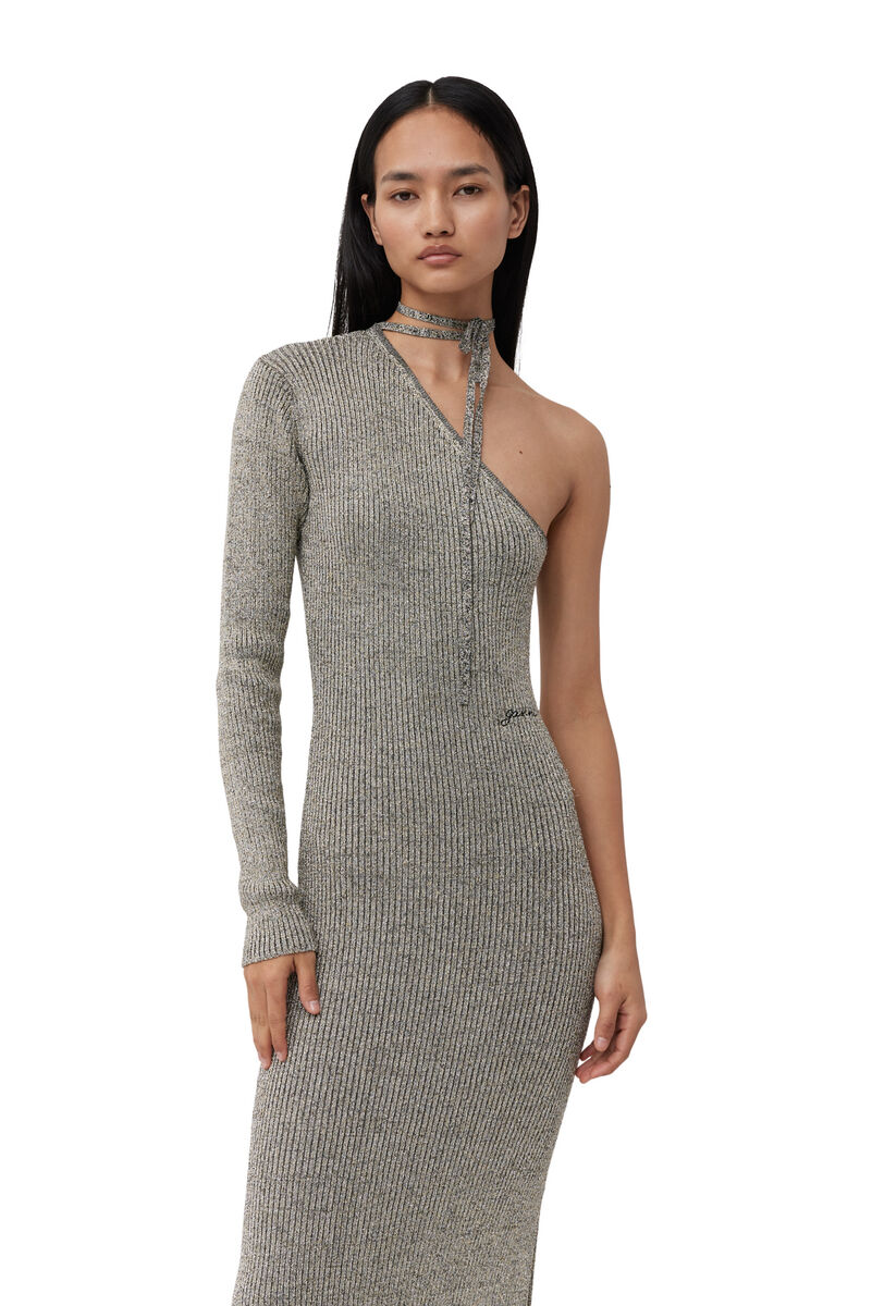Sparkle One-sleeve klänning, Metal, in colour Silver - 4 - GANNI