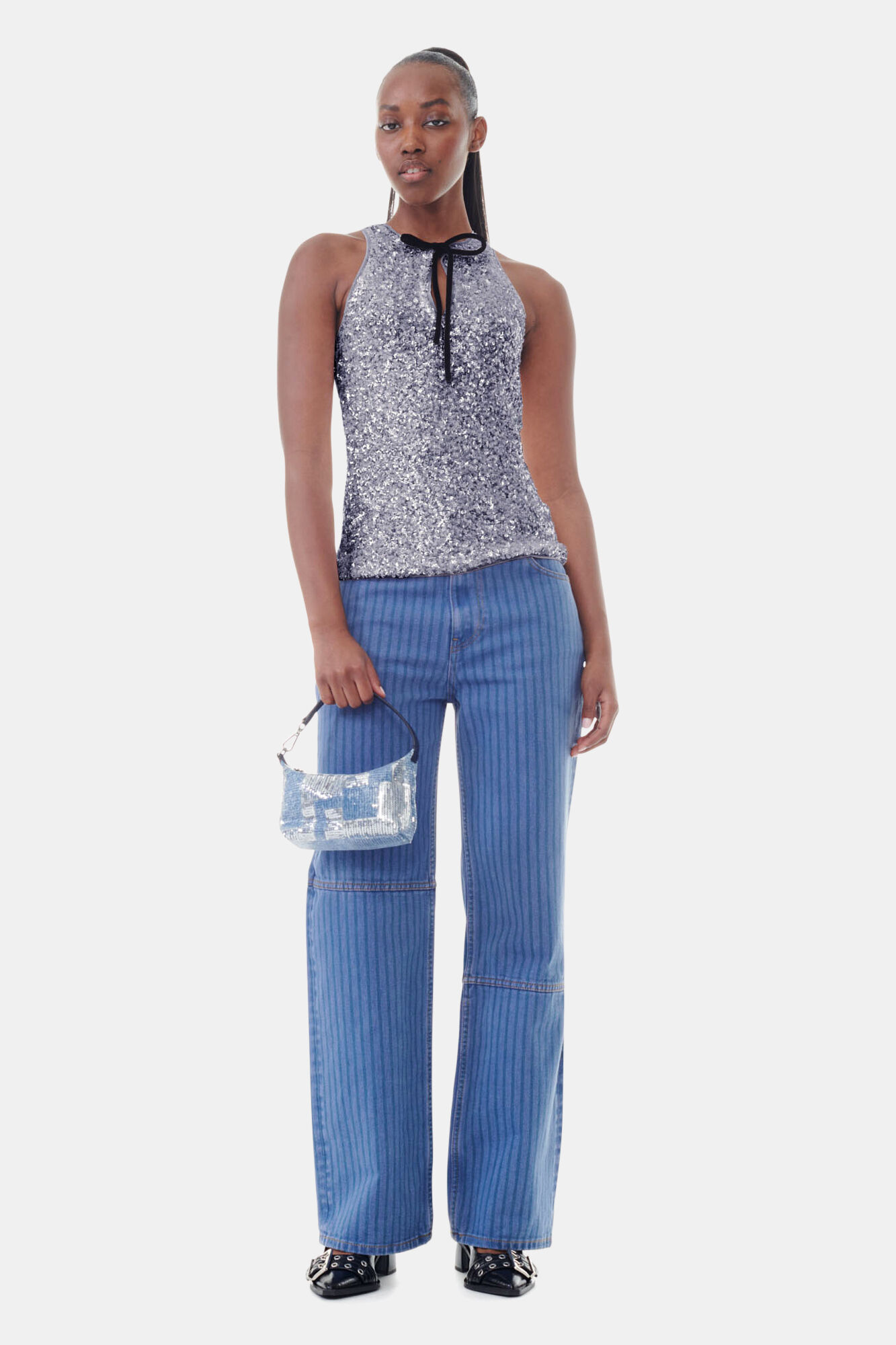 Silver 3D Sequins Top, Elastane, in colour Folkstone Gray - 2 - GANNI