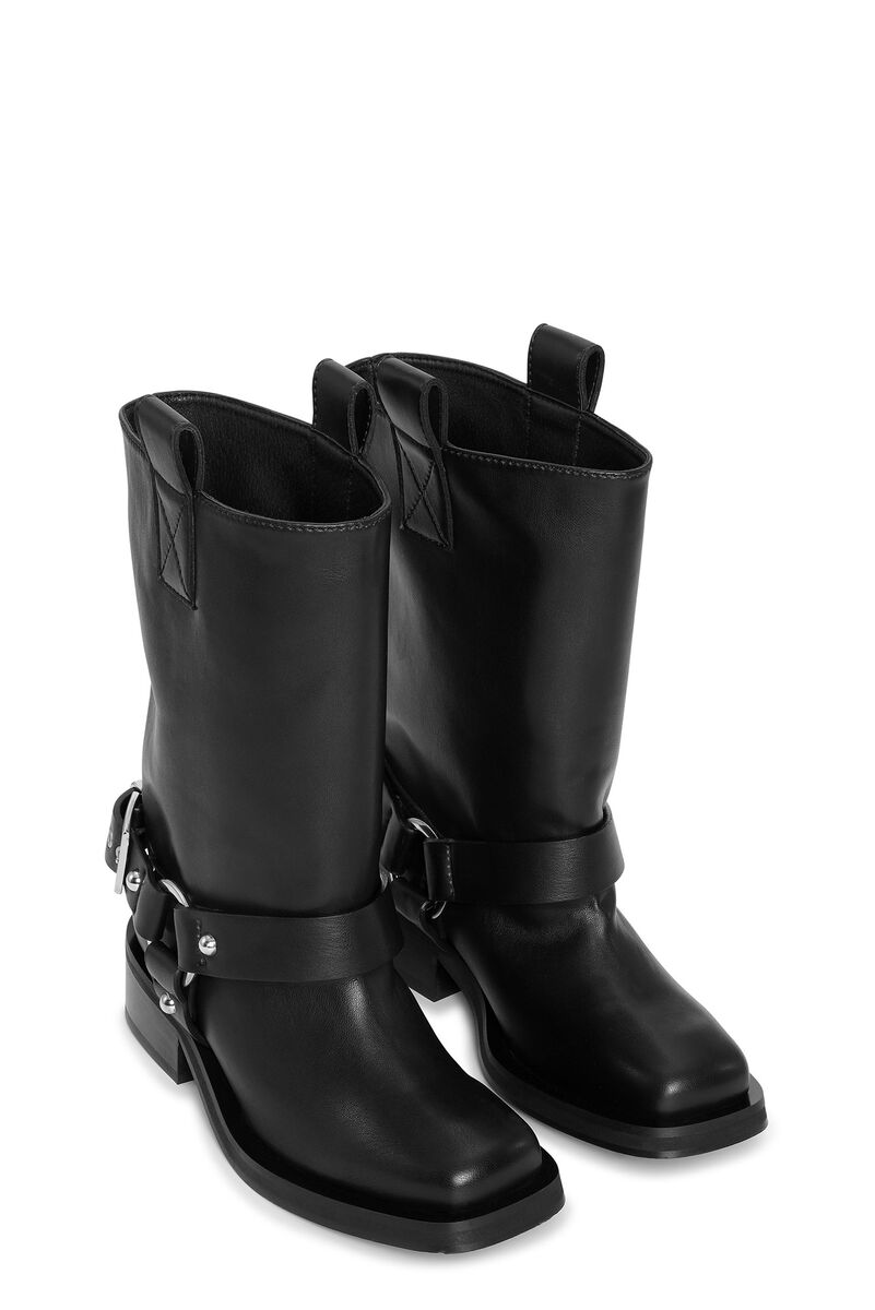 Black Mid Shaft Biker Boots, Polyester, in colour Black - 2 - GANNI