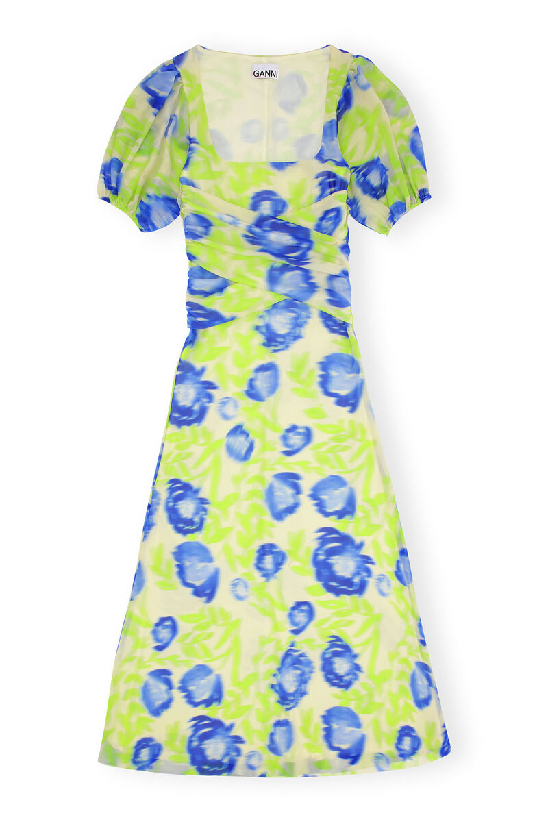 Printed Mesh Puff Sleeve Midi Dress, Elastane, in colour Strong Blue - 1 - GANNI
