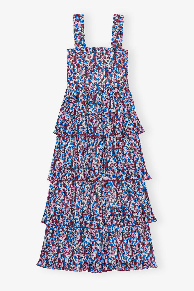 Multicolour Pleated Georgette Flounce Smock Midi Dress, Multicolour