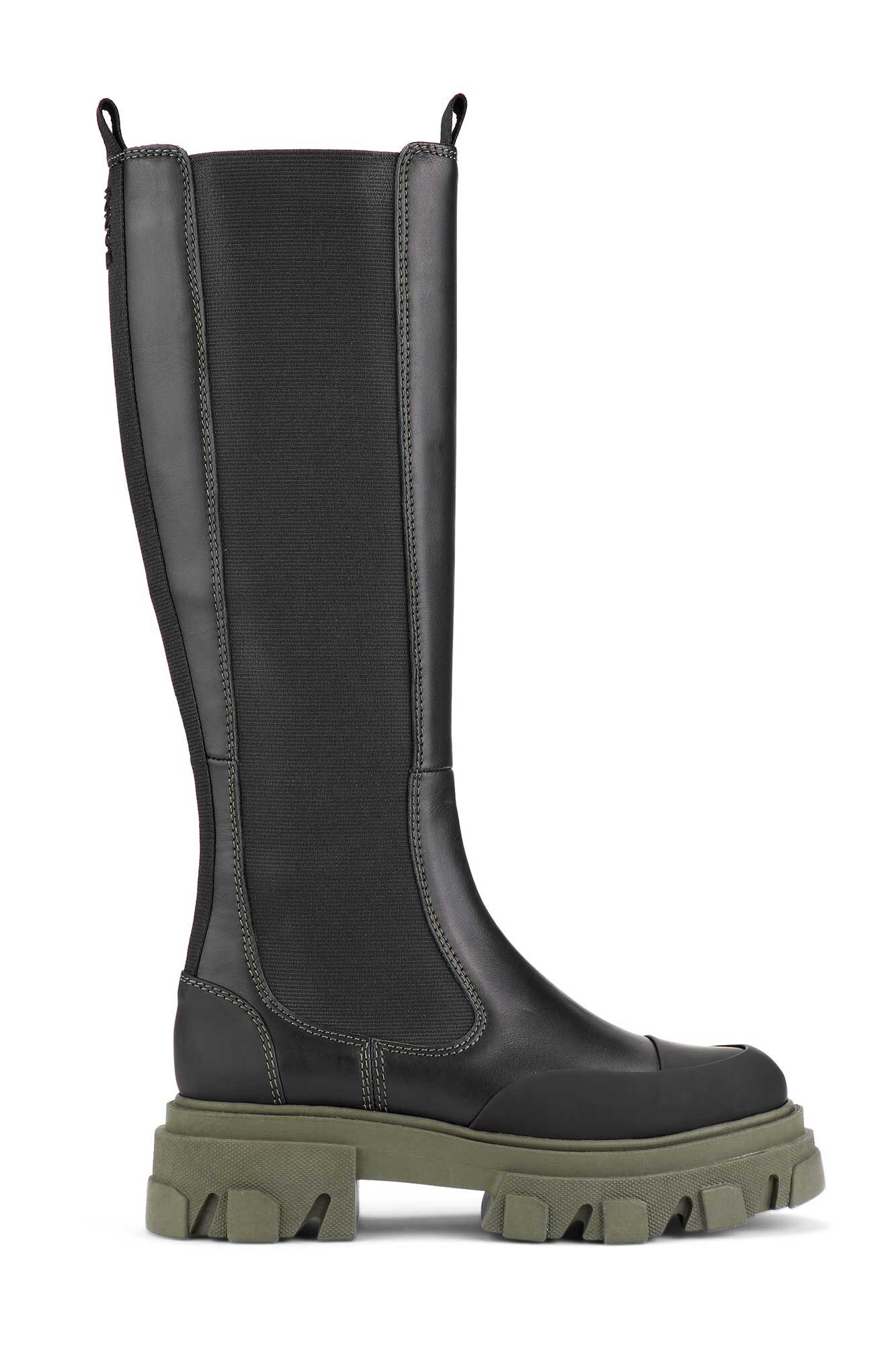 Black/Green Leather Knee-High Chelsea 