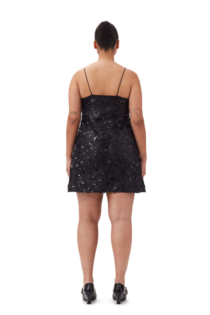 Black Sequins Lace Mini Kleid, Recycled Polyester, in colour Black - 8 - GANNI