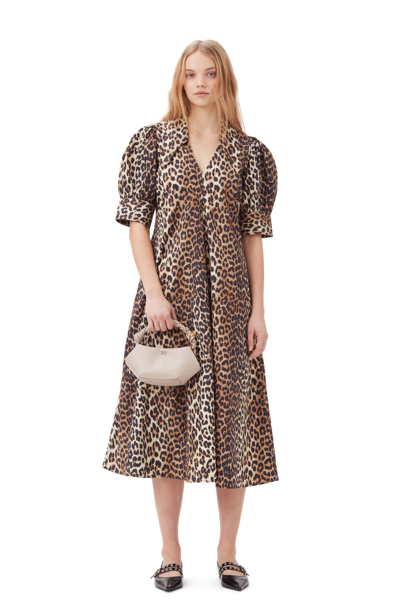 Leopard Cotton Poplin V-neck Maxi Dress, Cotton, in colour Leopard - 1 - GANNI