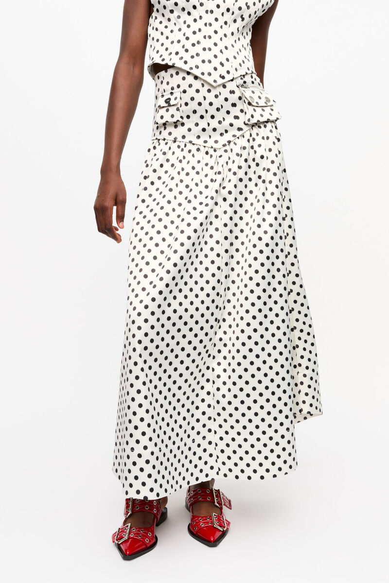 Polka-dot Double Satin Long Pocket Skirt, Recycled Polyester, in colour Egret - 2 - GANNI