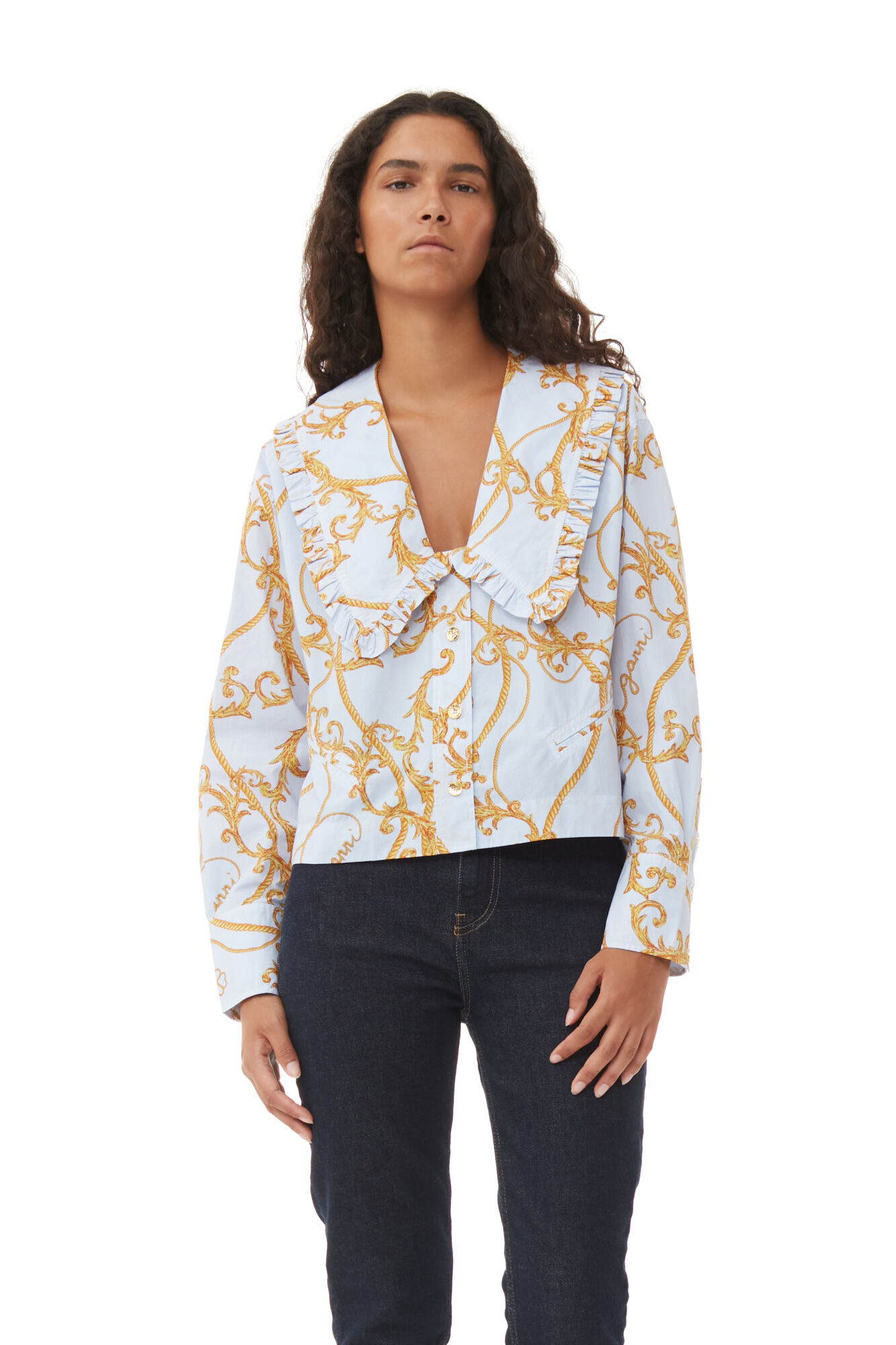 Re-cut Overdyed Printed Cotton Shirt, Cotton, in colour Heather - 1 - GANNI