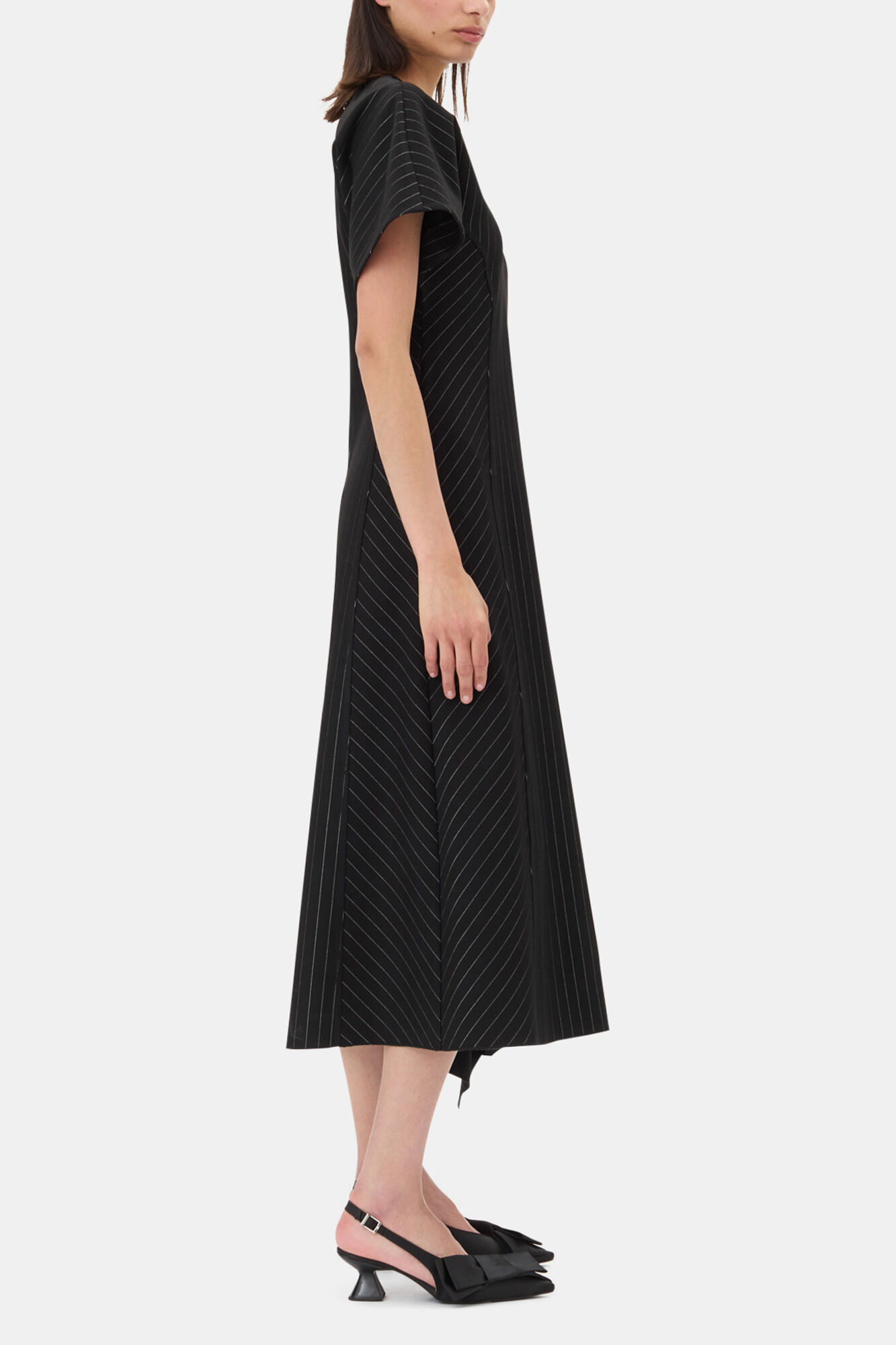 Black Pinstripe Long Dress, LENZING&trade; ECOVERO&trade;, in colour Black - 3 - GANNI
