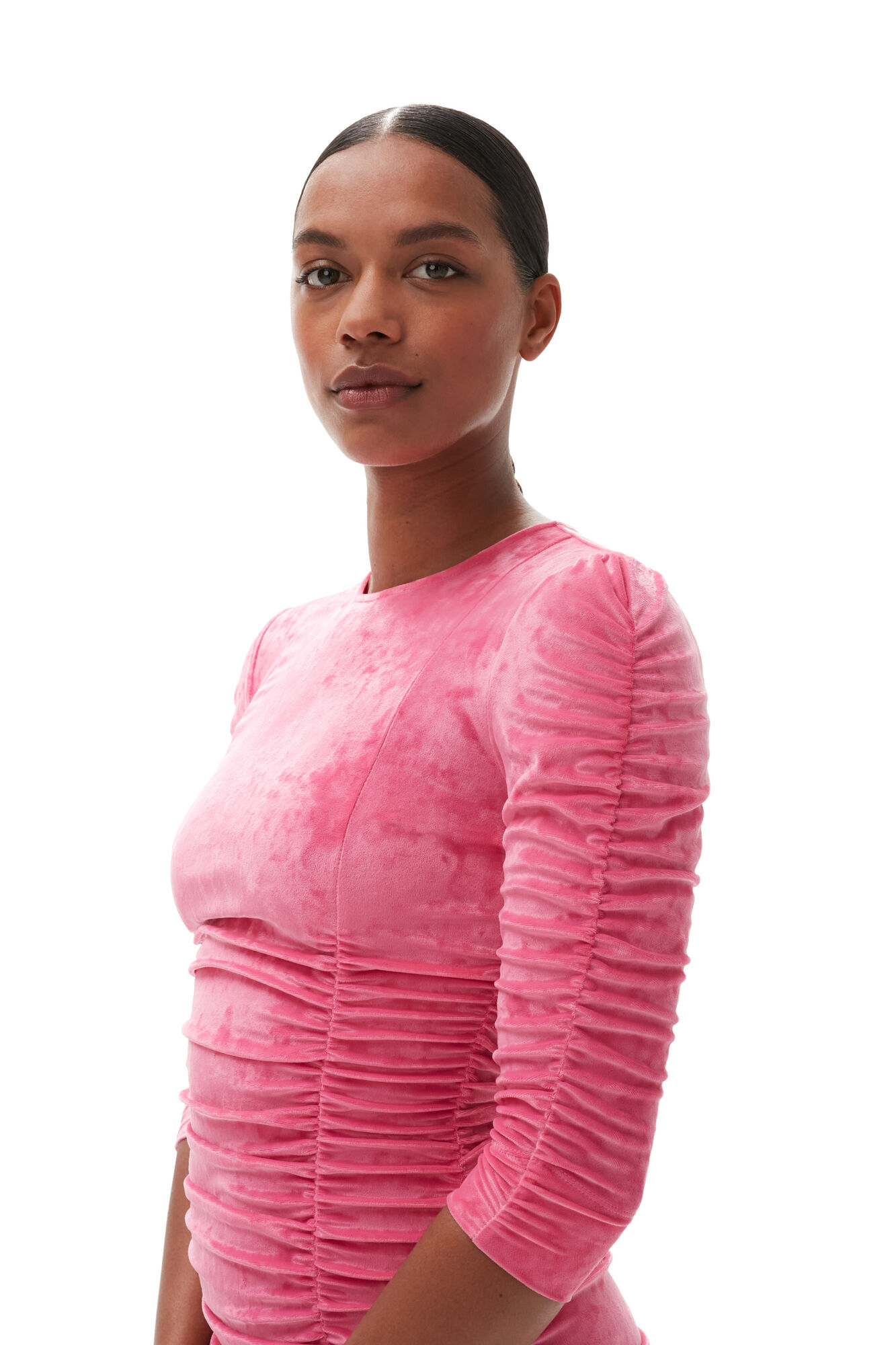 Velvet O-neck Dress, Elastane, in colour Shocking Pink - 3 - GANNI