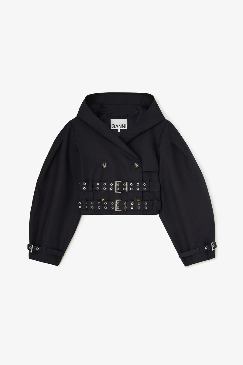 Trench Jacket in Double Cotton, Organic Cotton, in colour Black - 1 - GANNI
