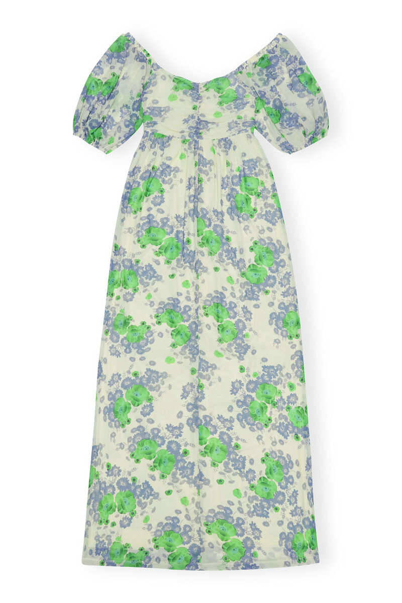 Printed Mesh Puff Sleeves Long Dress, Recycled Nylon, in colour Egret - 2 - GANNI