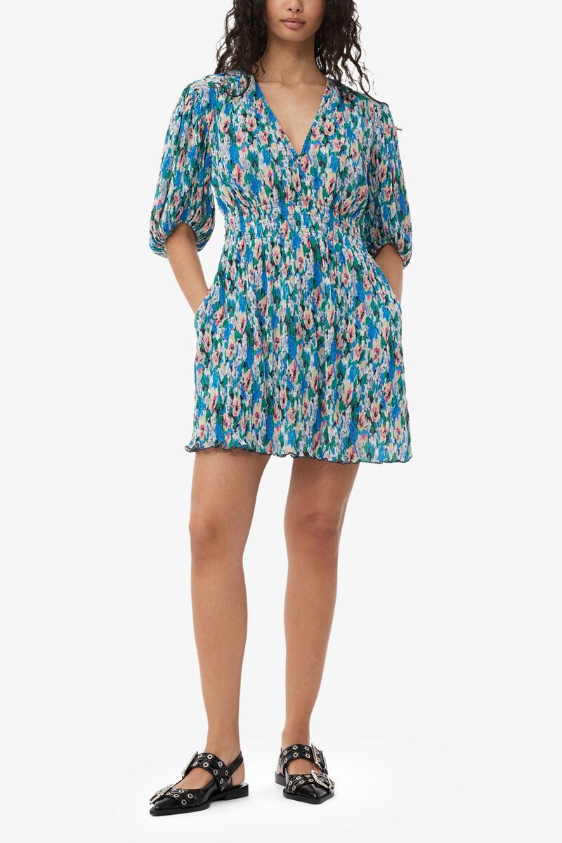 Pleated Georgette V-neck Mini Dress, Recycled Polyester, in colour Floral Azure Blue - 1 - GANNI