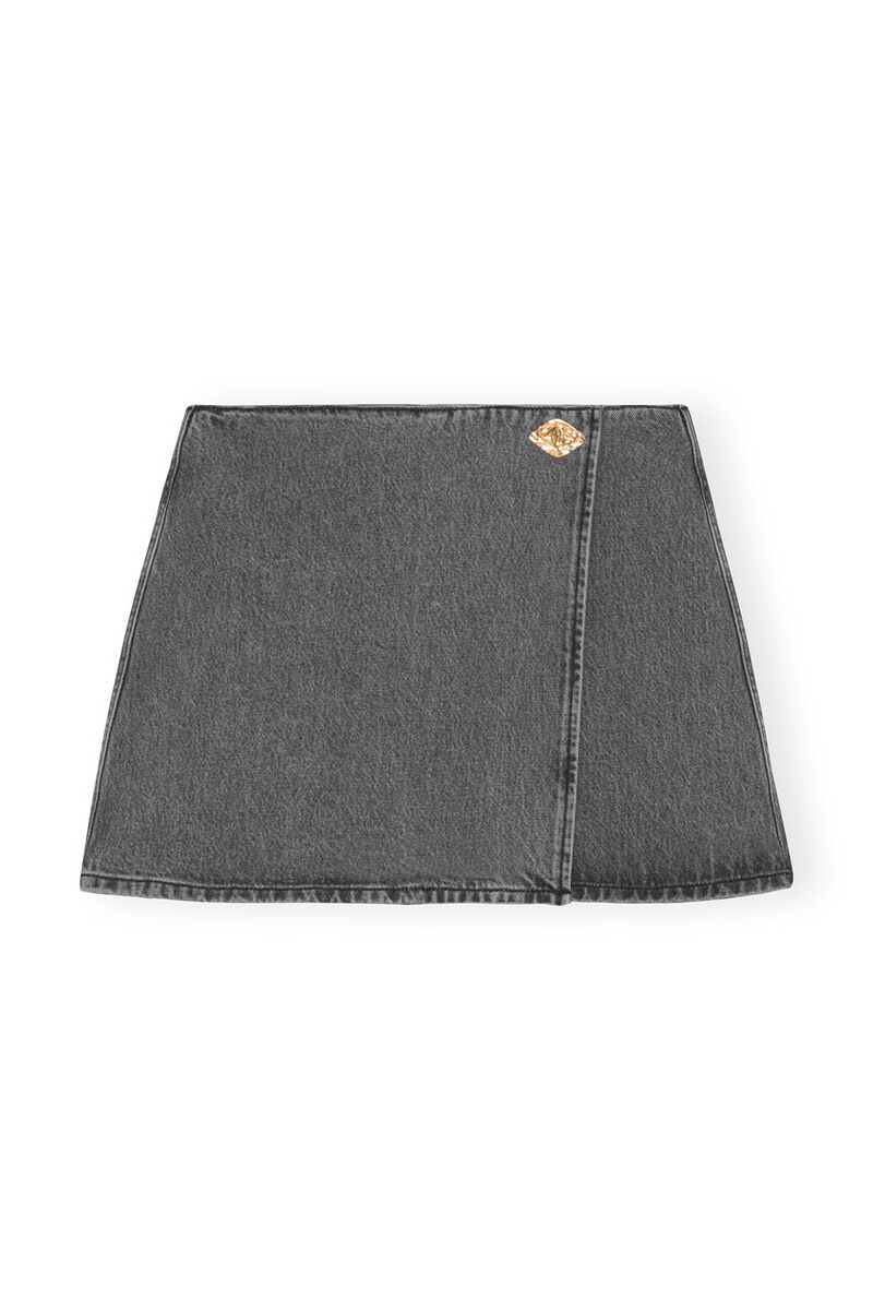 Black Washed Wrap Mini Skirt, Cotton, in colour Sharkskin - 1 - GANNI