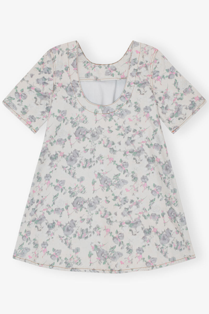 Floral Printed Denim Open Back Mini Dress, Cotton, in colour Tofu - 2 - GANNI