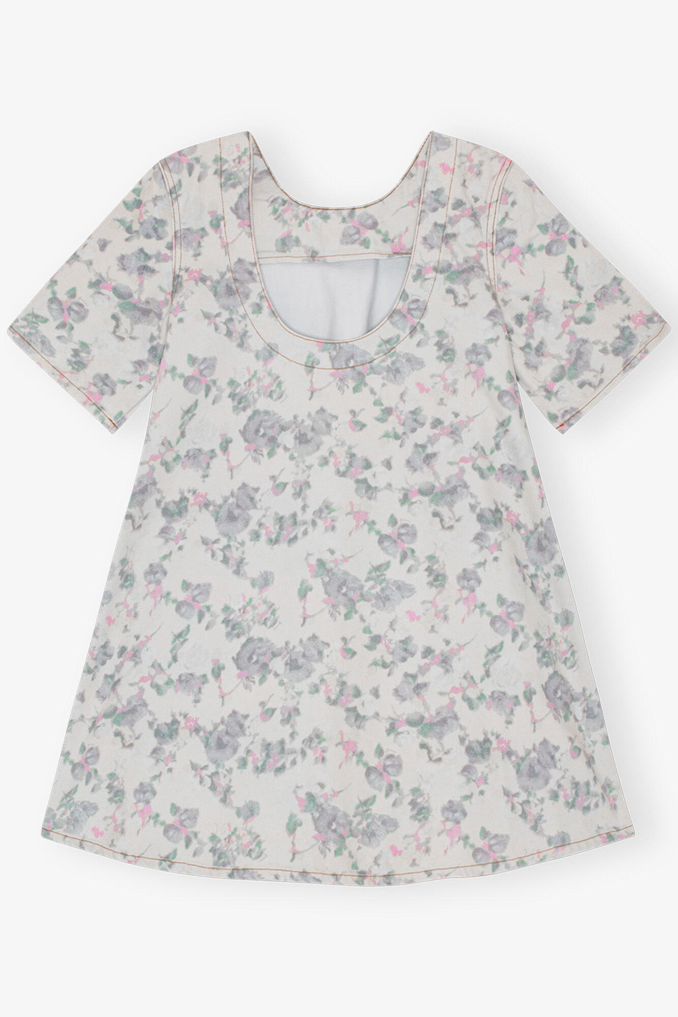 Floral Printed Denim Open Back Mini Dress, Cotton, in colour Tofu - 2 - GANNI