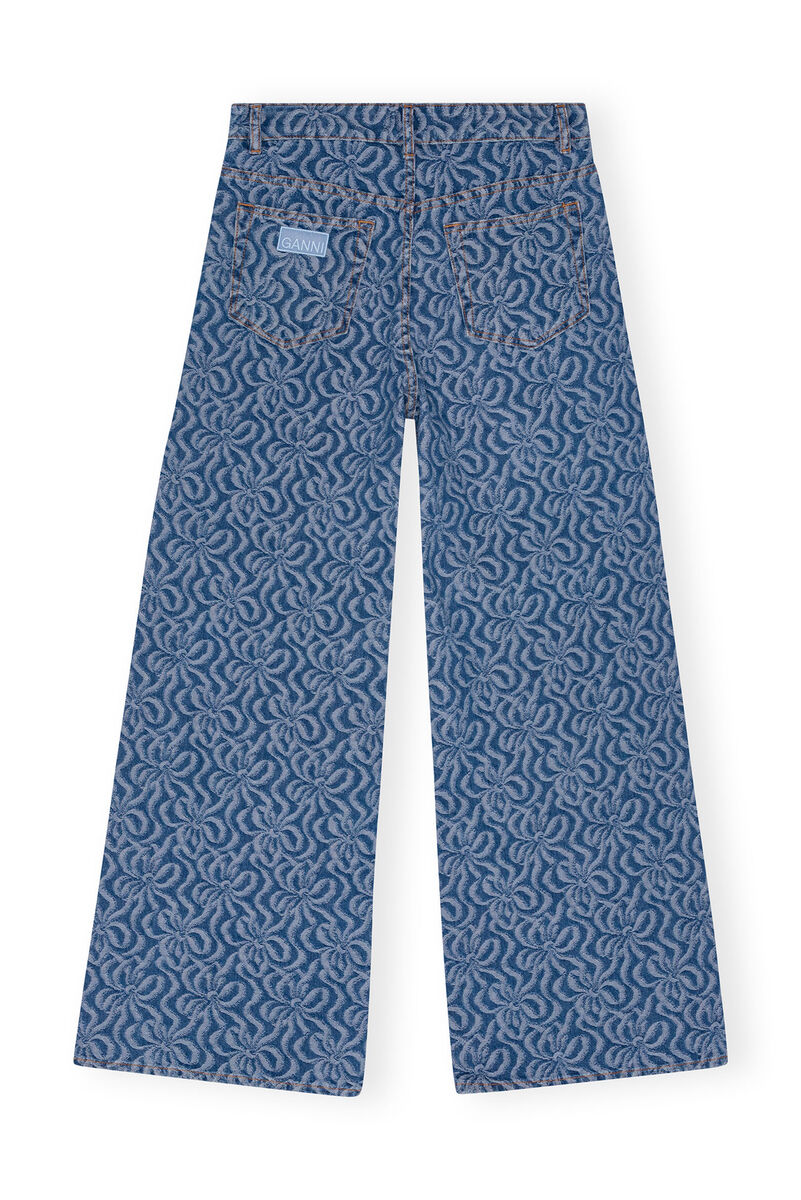 Blue Jacquard Denim Wide Trousers, Cotton, in colour Mid Blue Stone - 2 - GANNI