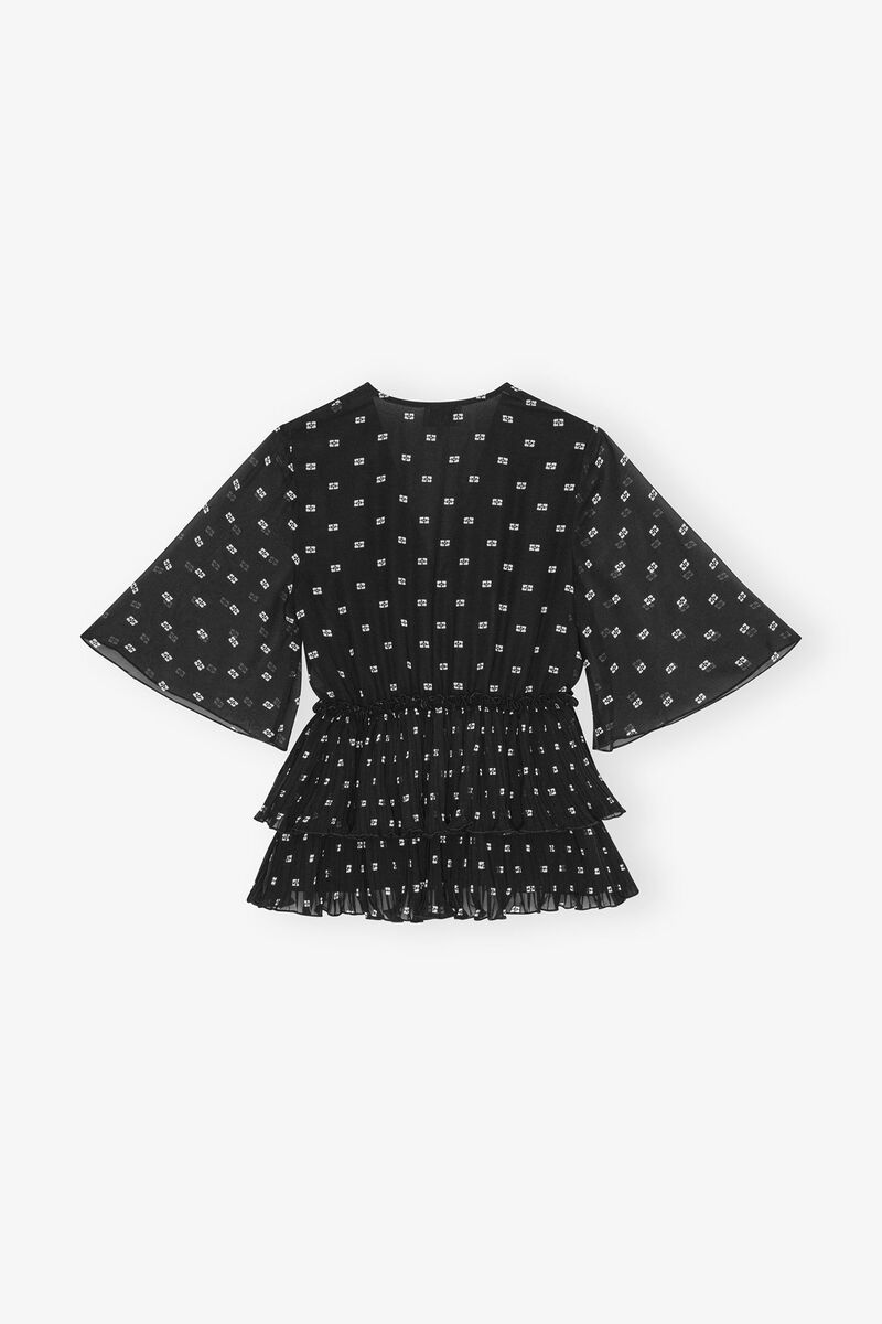 Black Pleated Georgette V-neck Flæsebluse, Recycled Polyester, in colour Black - 4 - GANNI
