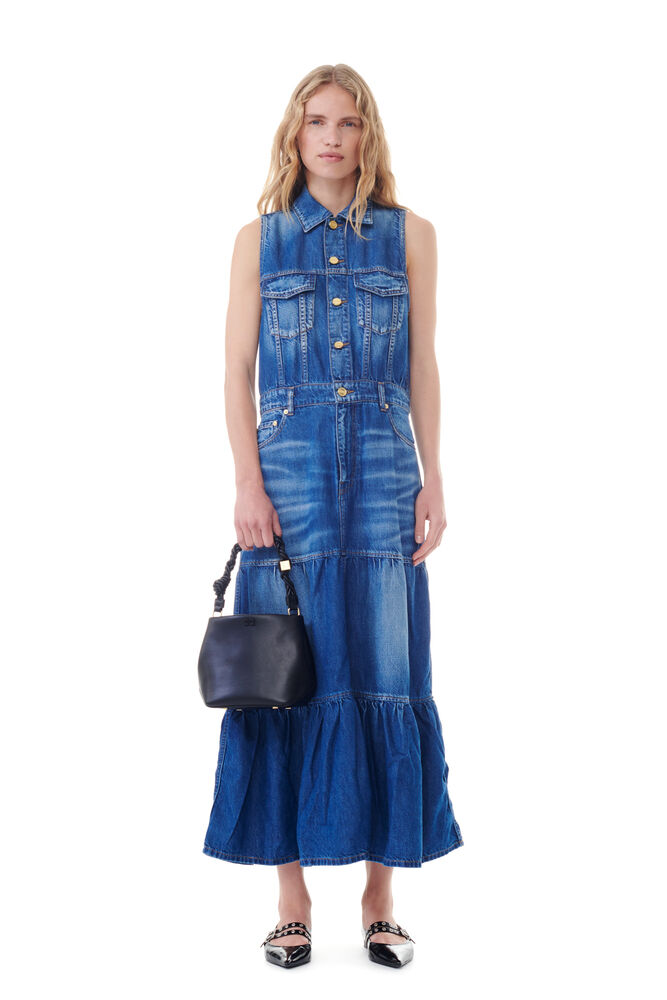GANNI Blue Denim Long Dress,Mid Blue Vintage