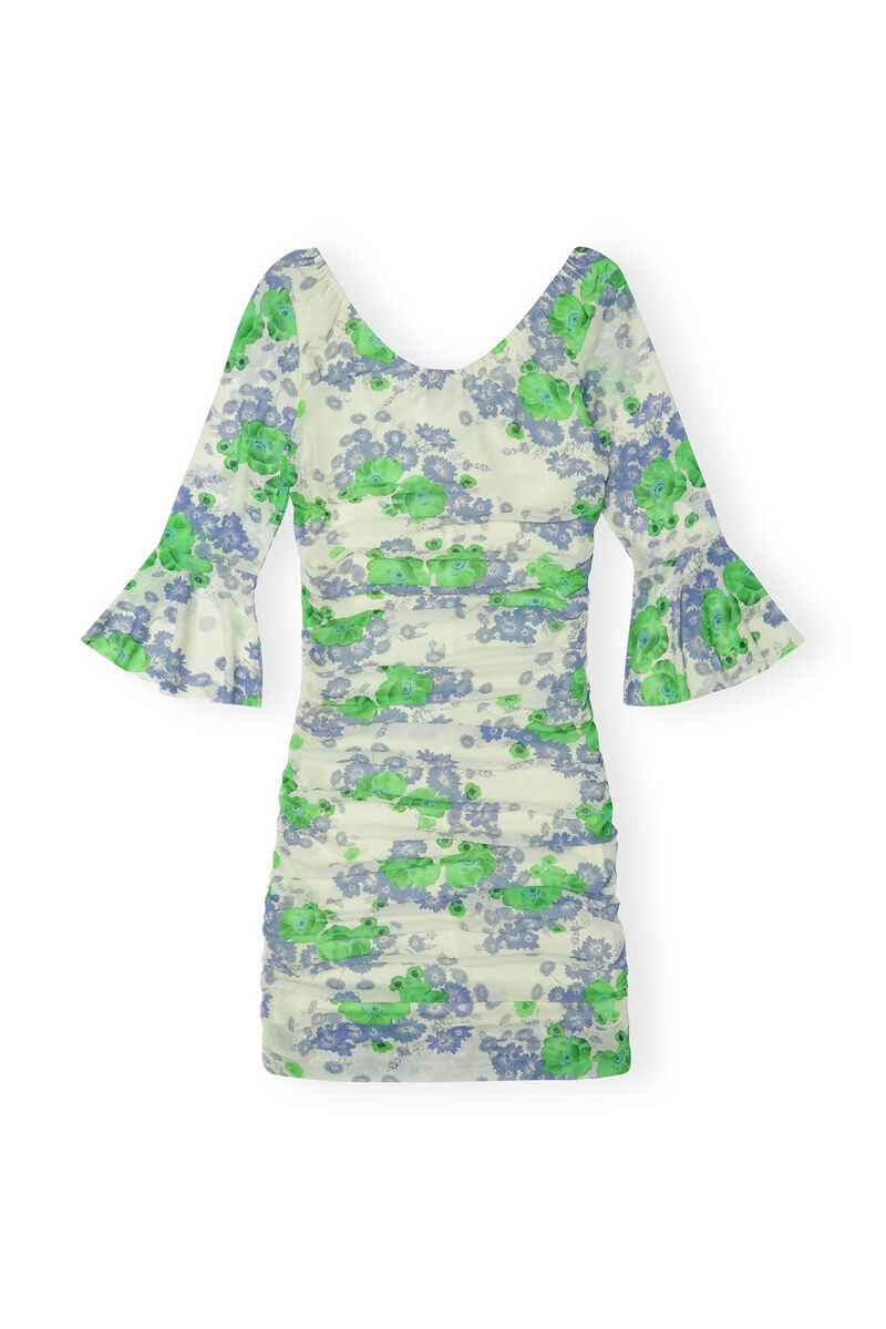 Printed Mesh U-neck Ruched Mini Dress, Recycled Nylon, in colour Egret - 2 - GANNI