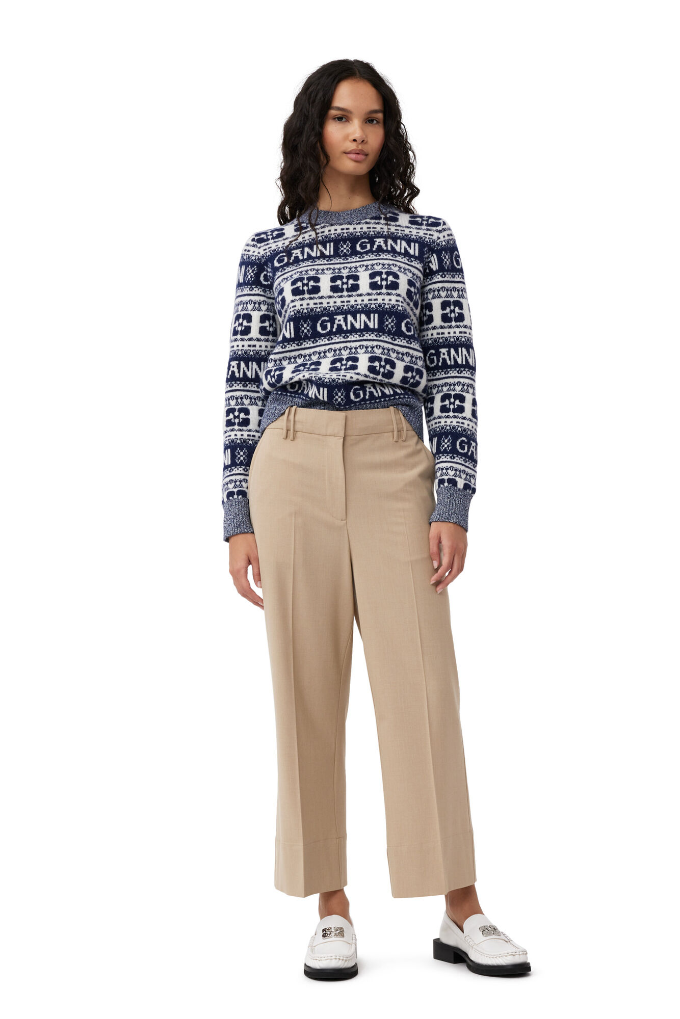 Blue Logo Wool Mix O-neck Pullover, Recycled Polyamide, in colour Sky Captain - 2 - GANNI