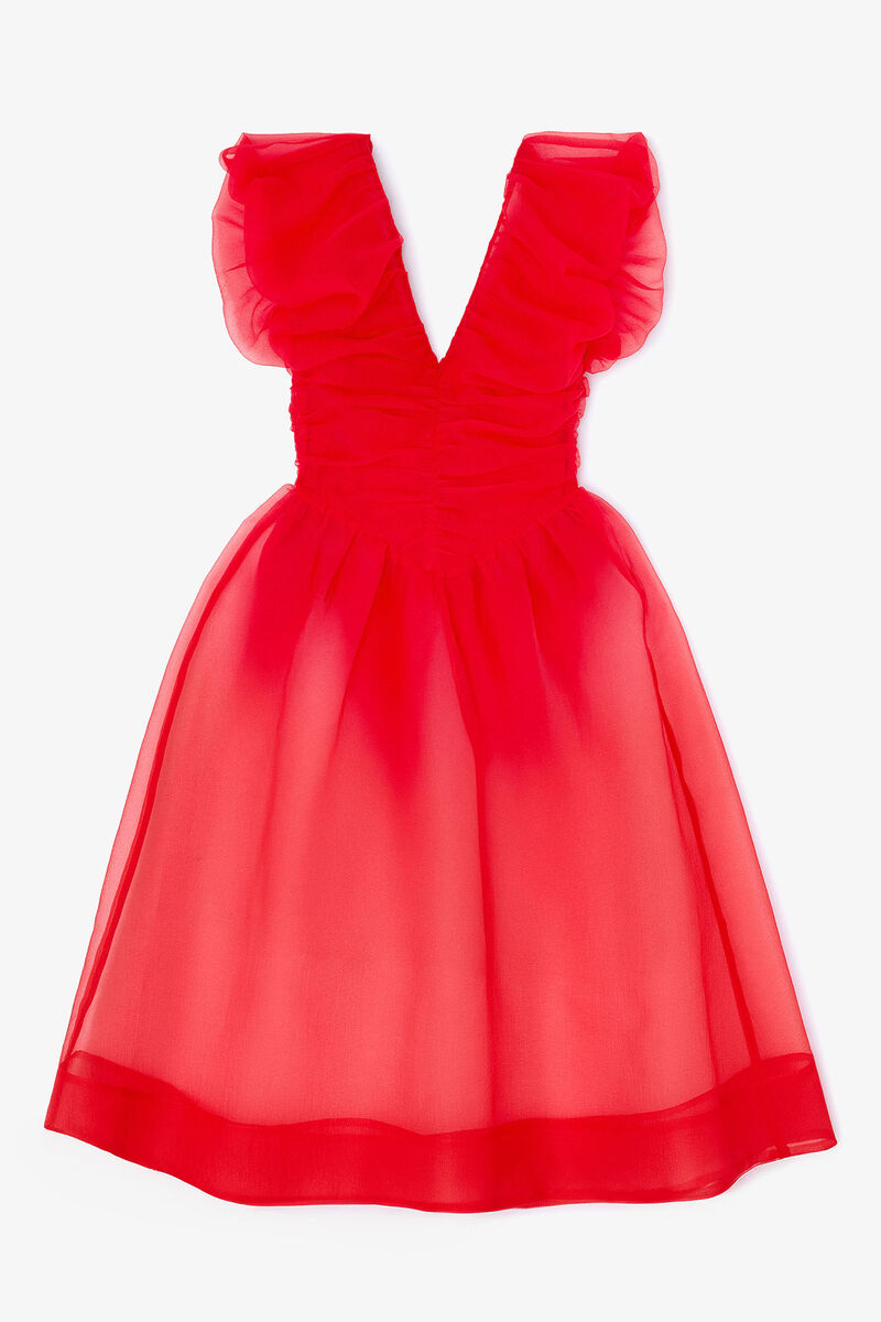 Red Organza Ruched Dress, in colour Mars Red - 1 - GANNI
