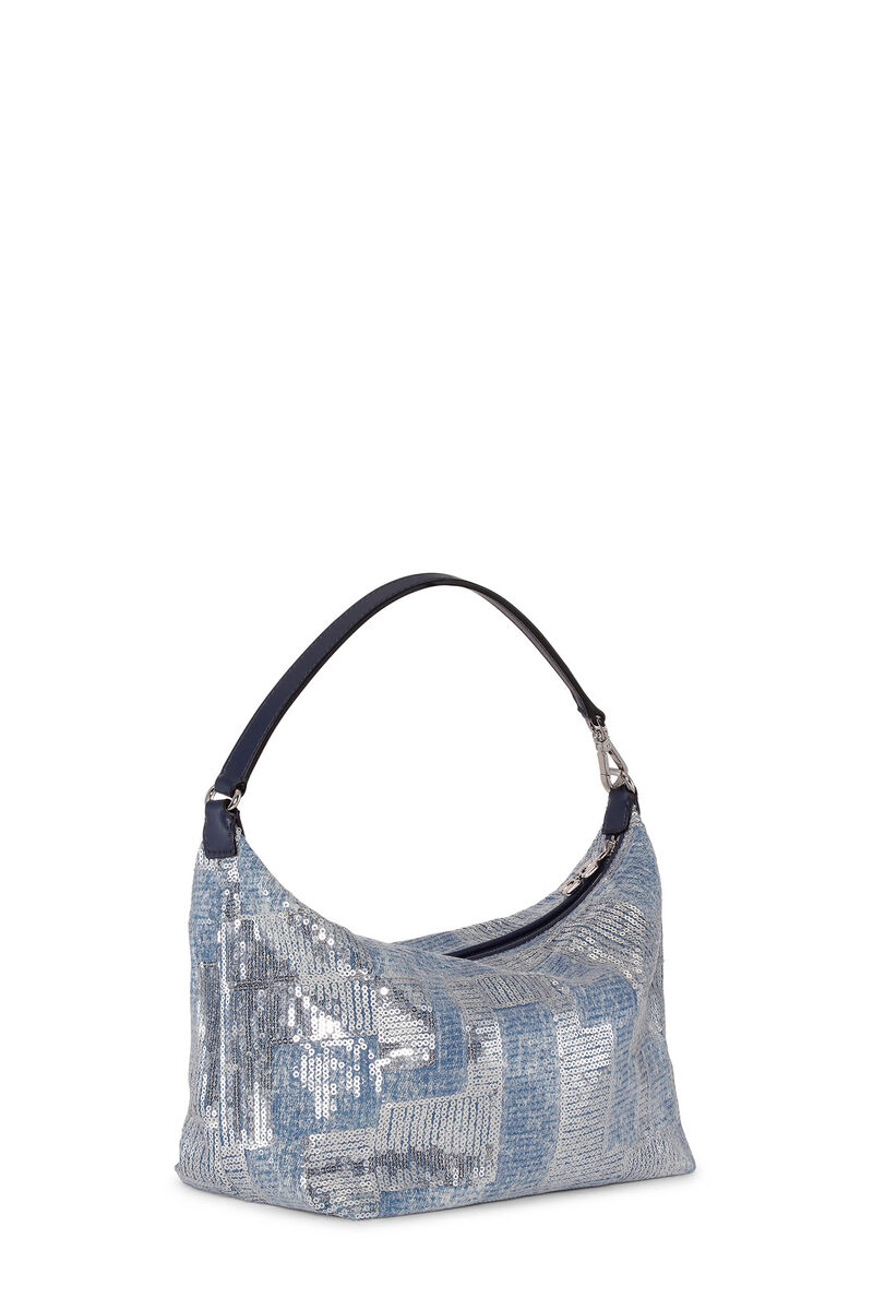 Sequin Small Butterfly Pouch Satin-veske, Recycled Cotton, in colour Denim - 2 - GANNI